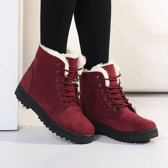 BXJX Womens Mid-Calf Boots, Fleece-Lined Thermal Slip Resistant Lace-Up Winter Shoes Red Size 10