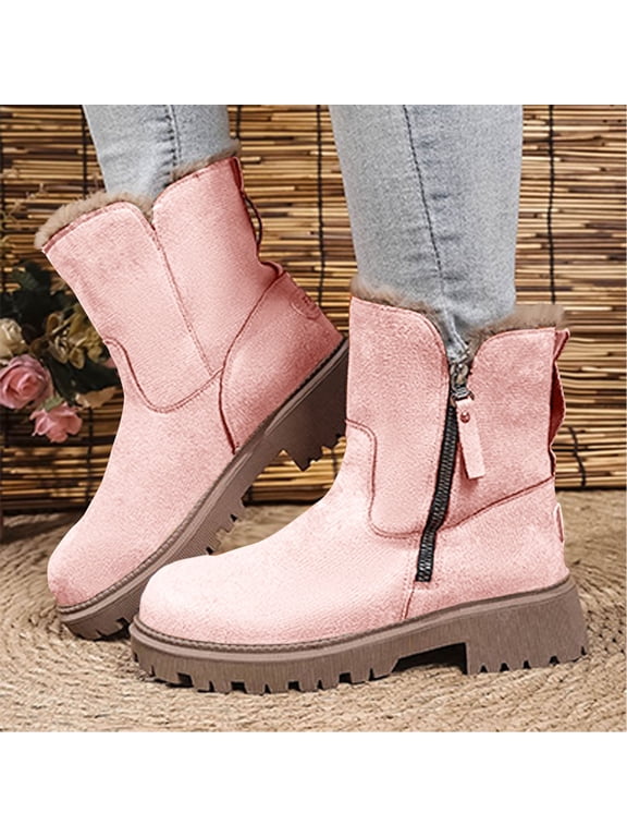 Womens Mid-Calf Boots, Thermal Winter Fleece-Lined Zipper Snow Boots Pink Size 7
