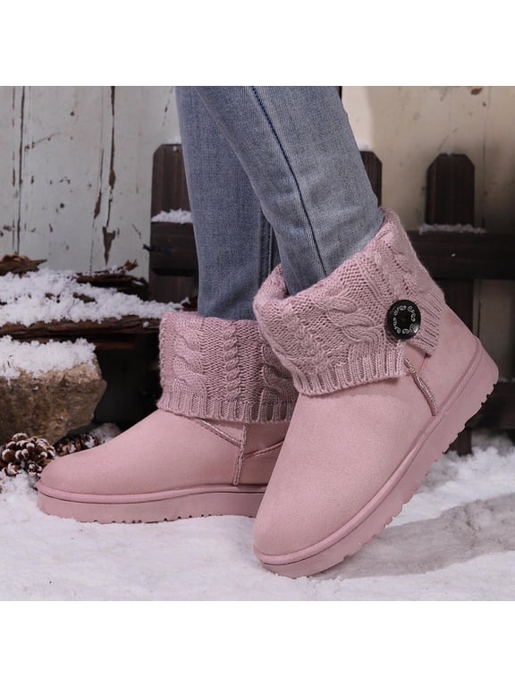 Womens Mid-Calf Boots, Warm Slip On Fleece-Lined Non Slip Snow Boots Pink Size 7.5