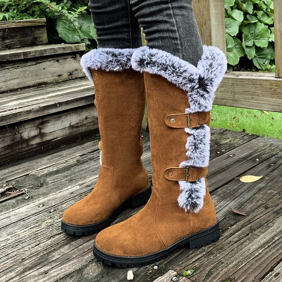 BXJX Womens Mid-Calf Snow Boots, Warm Buckle Straps Outdoor Fleece-Lined Winter Shoes Brown Size 8.5