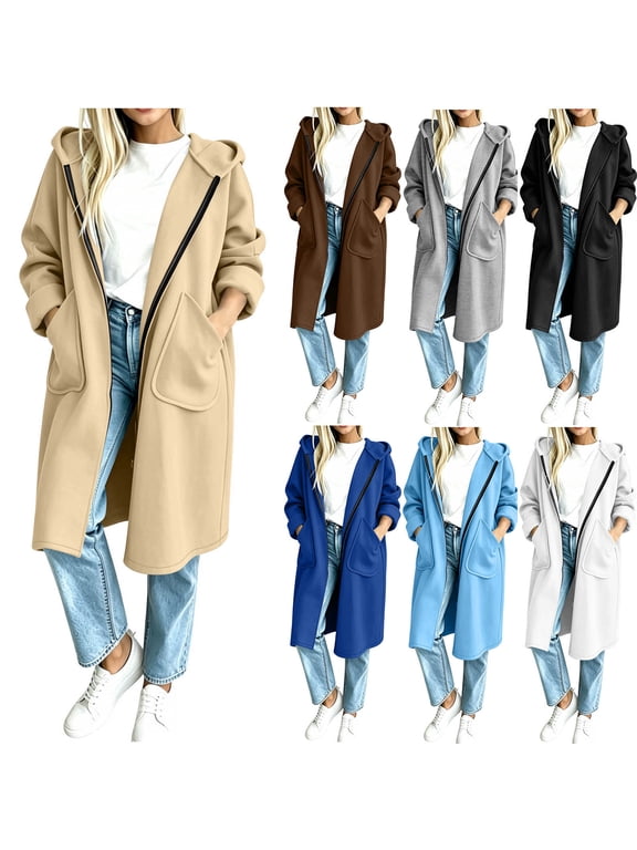 Womens Mid Length Hoodies, Full Zip Casual Spring Fall Long Sleeve Jackets with Pockets Khaki Size S-2XL