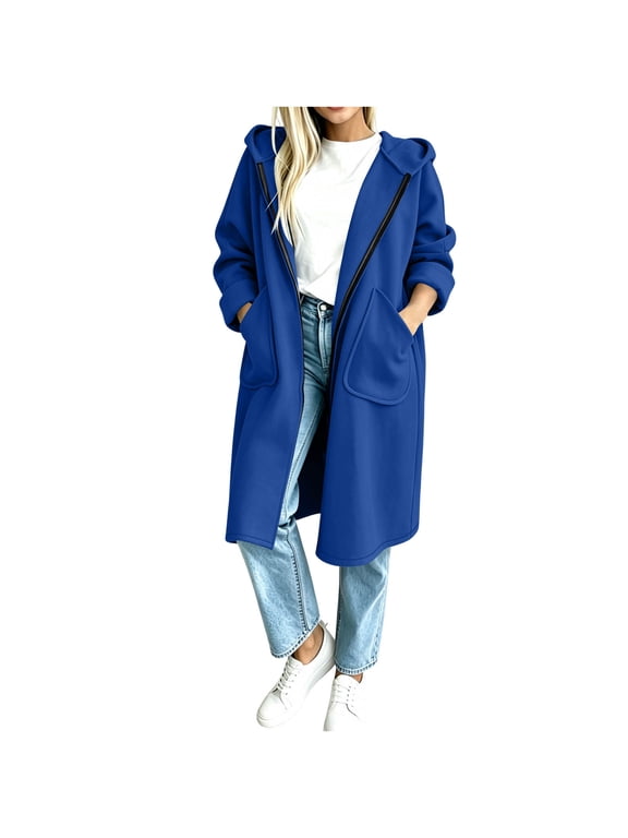 Womens Mid Length Hoodies, Long Sleeve Full Zip Spring Fall Casual Jackets with Pockets Blue Size M