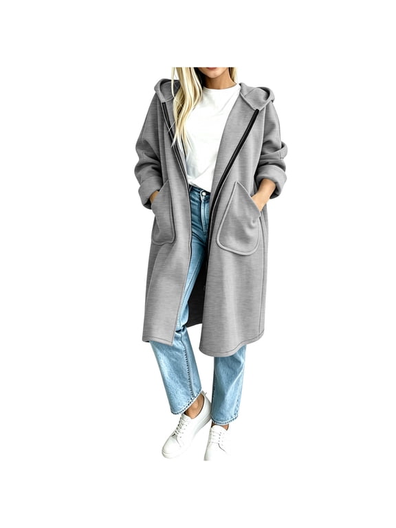 Womens Mid Length Hoodies, Spring Fall Casual Full Zip Long Sleeve Jackets with Pockets Gray Size S