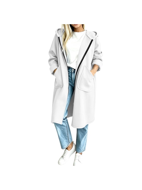 Womens Mid Length Hoodies, Spring Fall Long Sleeve Full Zip Casual Jackets with Pockets White Size XL