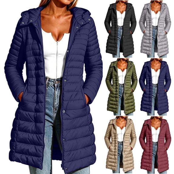 BXJX Womens Mid-Length Puffer Jackets, Full Zip Side Pockets Long Sleeve Warm Winter Outerwear with Hood Navy Size S-2XL