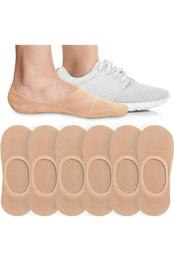 Womens No Show Socks, Lightweight Non Slip Thin 6 Pack Low-Cut Socks Beige Size Free Size
