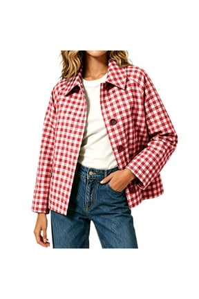Womens Plaid Shackets, Lightweight Button Down Lapel Collar Long Sleeve Shacket Jackets with Pockets Red Size S