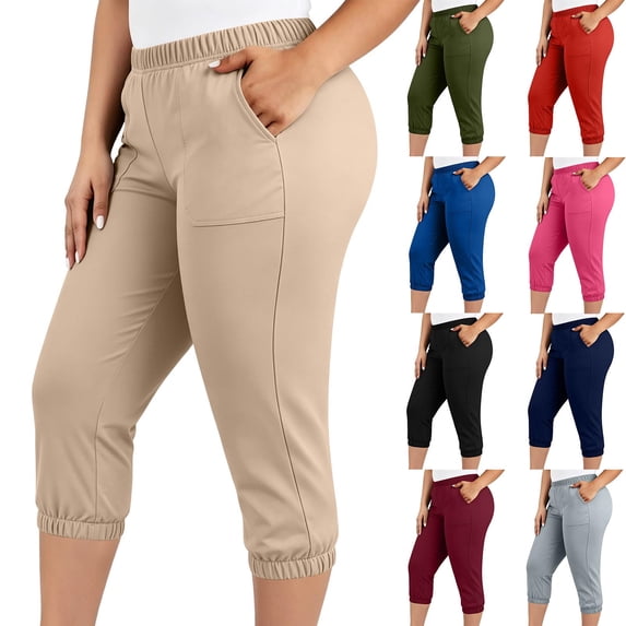 BXJX Womens Plus Size Capris, Summer Elastic Waist Daily Elastic Bottom Capri Pants for Womens Beige Size XL-5XL