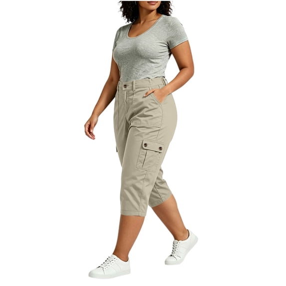 BXJX Womens Plus Size Capris, Summer Elastic Waist Multi-Pocket Causal Capri Pants for Women Khaki Size L-5XL