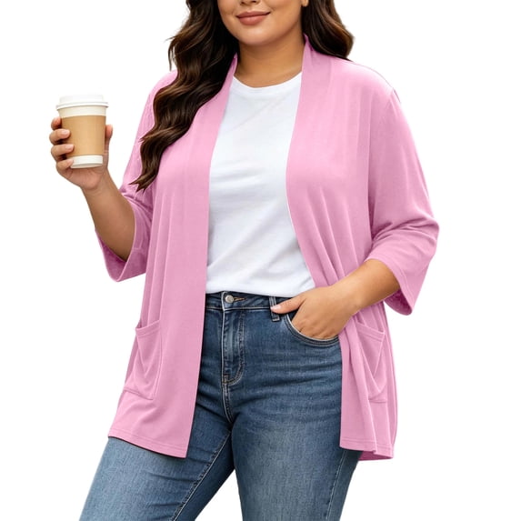 BXJX Womens Plus Size Cardigans, Lightweight 3/4 Sleeve Stretchable Open Front Cardigan Sweaters with Pockets Pink Size 5XL