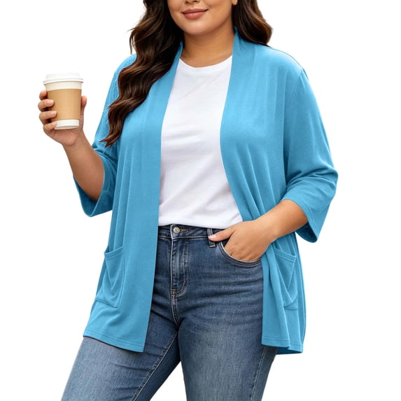 BXJX Womens Plus Size Cardigans, Open Front Stretchable 3/4 Sleeve Lightweight Cardigan Sweaters with Pockets Blue Size 3XL