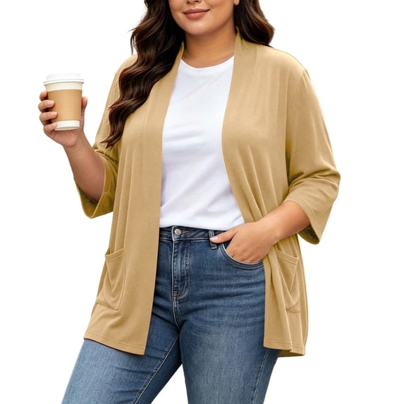 BXJX Womens Plus Size Cardigans, Stretchable Open Front 3/4 Sleeve Lightweight Cardigan Sweaters with Pockets Khaki Size 3XL