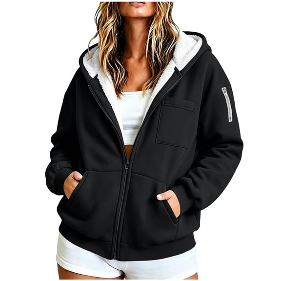 BXJX Womens Plus Size Hoodies, Long Sleeve Warm Full Zip Fleece-lined Jackets with Pockets Black Size L-5XL