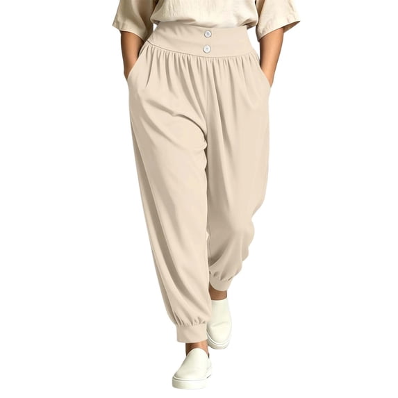BXJX Womens Plus Size Jogger Pants, Stretchy Elastic Waist Casual Outdoor Harem Pants with Pockets Beige Size 4XL