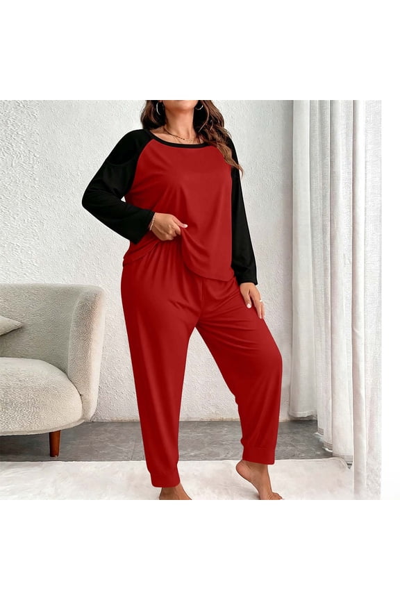 Womens Plus Size Pajama Sets, Casual Soft Long Sleeve 2 Piece Sleepwear Sets Red Size 2XL