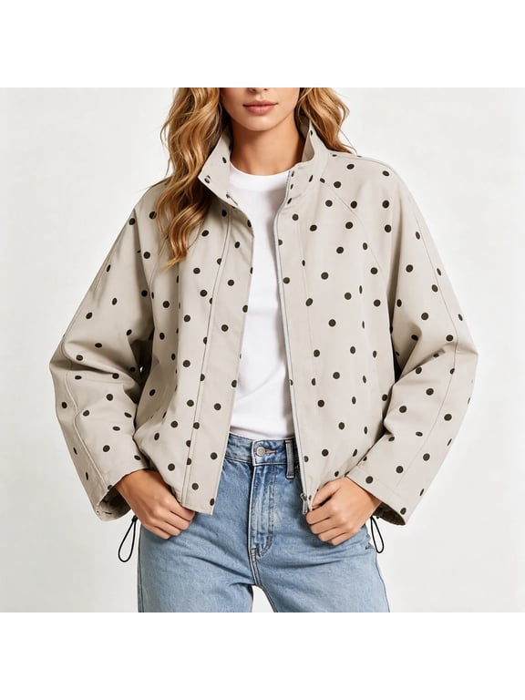 Womens Polka Dot Jackets, Drawstring Hem Stand Collar Long Sleeve Zip up Jackets for Spring Fall Beige Size M