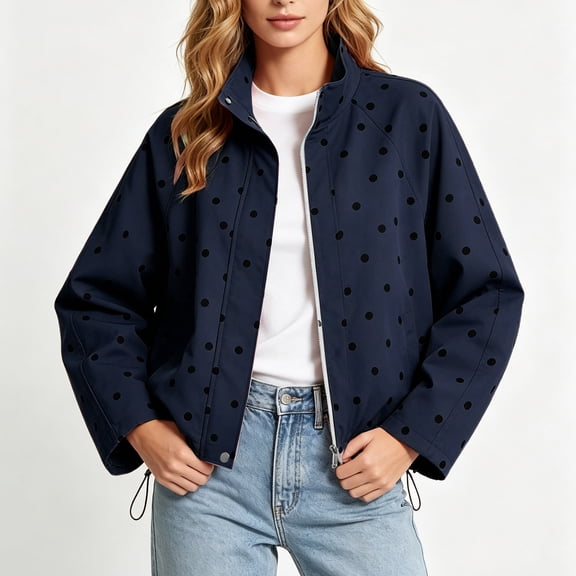 BXJX Womens Polka Dot Jackets, Stand Collar Full Zip Drawstring Hem Long Sleeve Fashion Jackets for Spring Fall Navy Size S-3XL