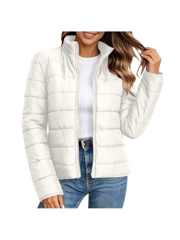 Womens Puffer Jackets, Full Zip Lightweight Long Sleeve Stand up Collar Winter Outerwear with Pockets White Size L