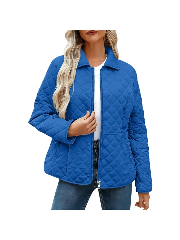Womens Quilted Jackets- Fall Winter Warm Loose Fashionable Round Neck Casual Long Sleeve Outerwear Blue Size M