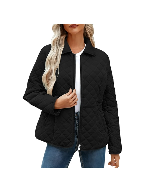 Womens Quilted Jackets- Loose Fall Winter Warm Fashionable Round Neck Casual Long Sleeve Outerwear Black Size L