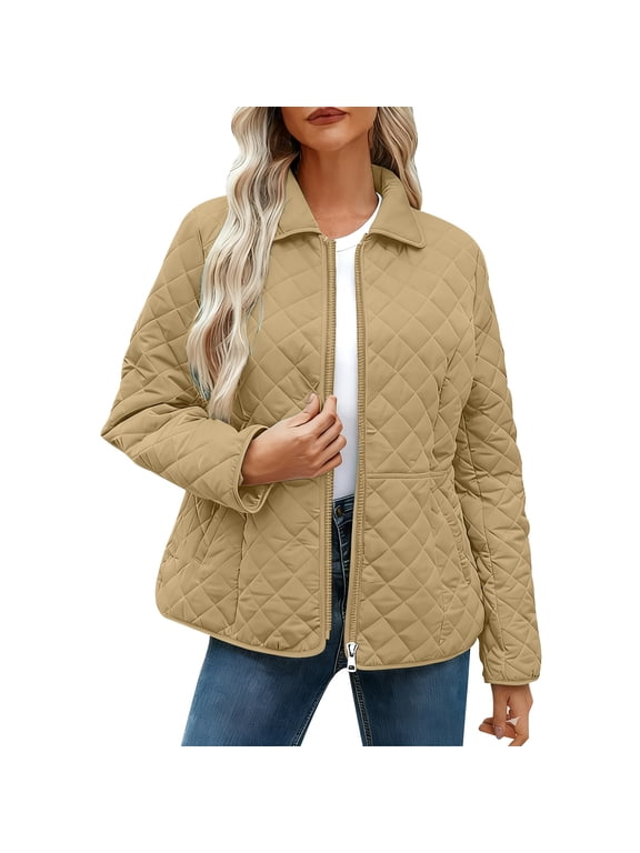 Womens Quilted Jackets- Warm Fall Winter Fashionable Round Neck Loose Casual Long Sleeve Outerwear Khaki Size L