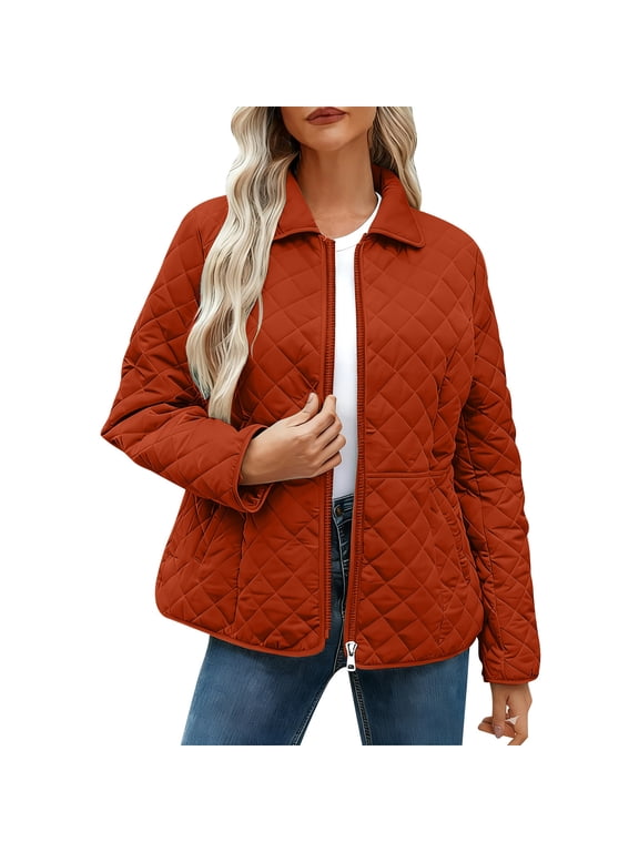 Womens Quilted Jackets- Warm Fall Winter Loose Fashionable Round Neck Casual Long Sleeve Outerwear Orange Size 2XL