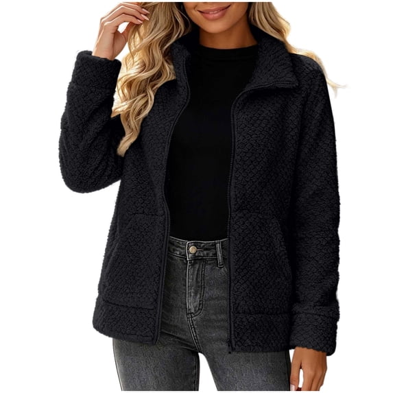 BXJX Womens Sherpa Fleece Jackets, Casual Long Sleeve Lapel Collar Full Zip Fall Winter Outerwear Black Size S