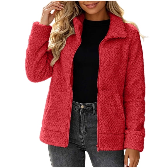 BXJX Womens Sherpa Fleece Jackets, Casual Long Sleeve Lapel Collar Full Zip Fall Winter Outerwear Red Size M