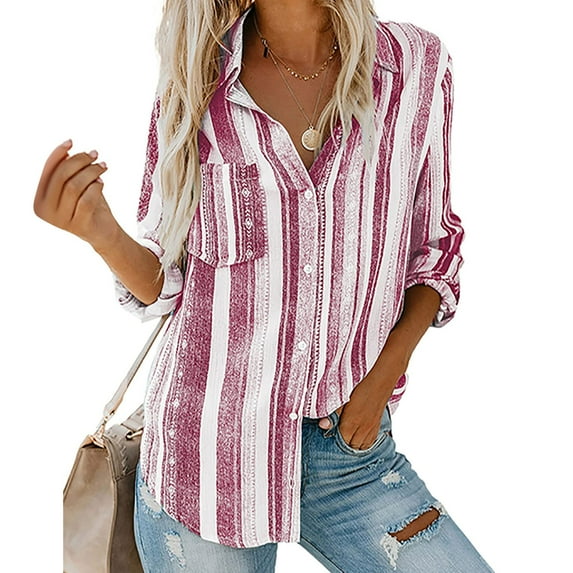 BXJX Womens Shirts Casual Loose Fashion Turndown Collar Roll Up Long Sleeve Striped Printed With Pocket Tops Wine Button Down Shirts for Women Size M