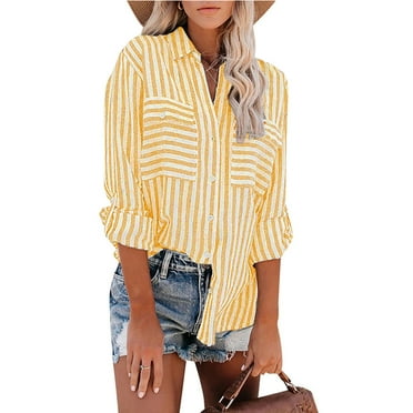 BXJX Womens Shirts Clearance New Striped Printed Cotton Linen Turndown Collar Roll Up Long Sleeve Tops Yellow Button Down Shirts for Women Size M