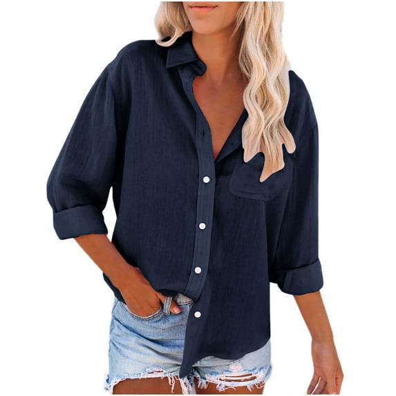BXJX Womens Shirts Clearance Solid Color With Pocket Roll Up Long Sleeve Turndown Collar Loose Work Tops Navy Button Down Shirts for Women Size M