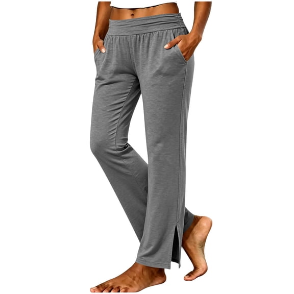BXJX Womens Straight Leg Pants, Stretchable Split Hem Casual Cotton Summer Pants with Pockets Gray Size S-2XL