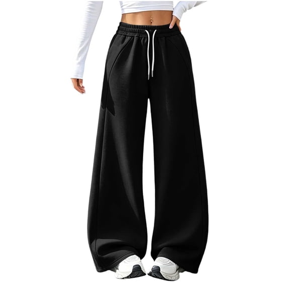 BXJX Womens Straight-leg Sweatpants, Drawstring Fall Winter Fleece Lined Elastic Waist Daily Bottoms with Pockets Black Size XL