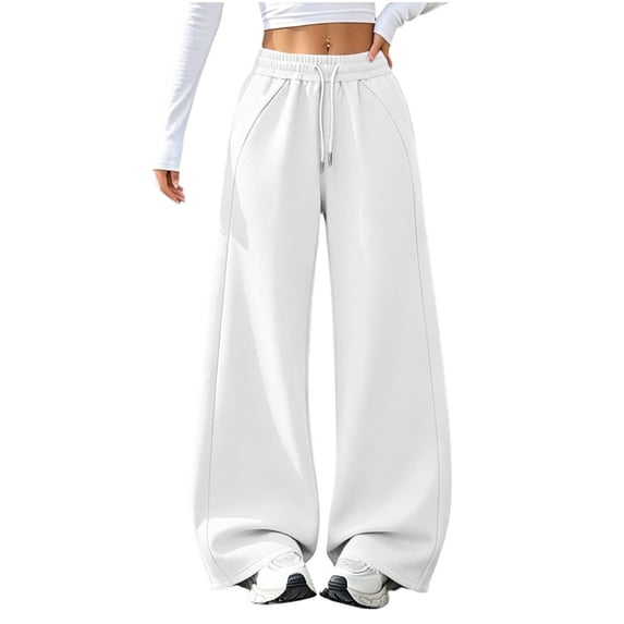 BXJX Womens Straight-leg Sweatpants, Fall Winter Drawstring Elastic Waist Fleece Lined Daily Bottoms with Pockets White Size 2XL
