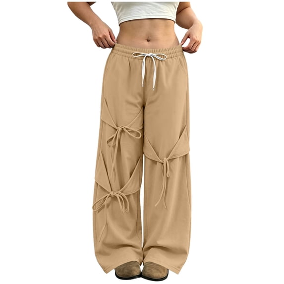 BXJX Womens Sweatpants, Bow Ribbon Adjustable Ankle Elastic Waist Drawstring Daily Pants with Pockets Khaki Size S