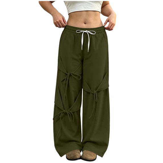 BXJX Womens Sweatpants, Elastic Waist Bow Ribbon Drawstring Adjustable Ankle Daily Pants with Pockets Army Green Size L