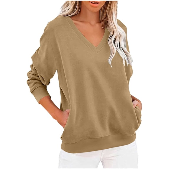 BXJX Womens Sweatshirts, Spring Fall Long Sleeve V Neck Casual Pullover Tops with Pockets Khaki Size 2XL
