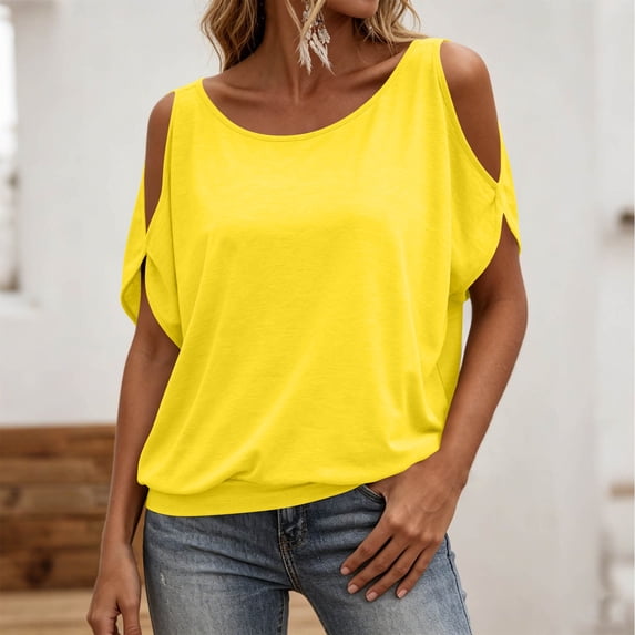 BXJX Womens T-shirts, Casual Short Sleeve Crew Neck Off Shoulder Summer Tops Womens Tees Yellow Size L