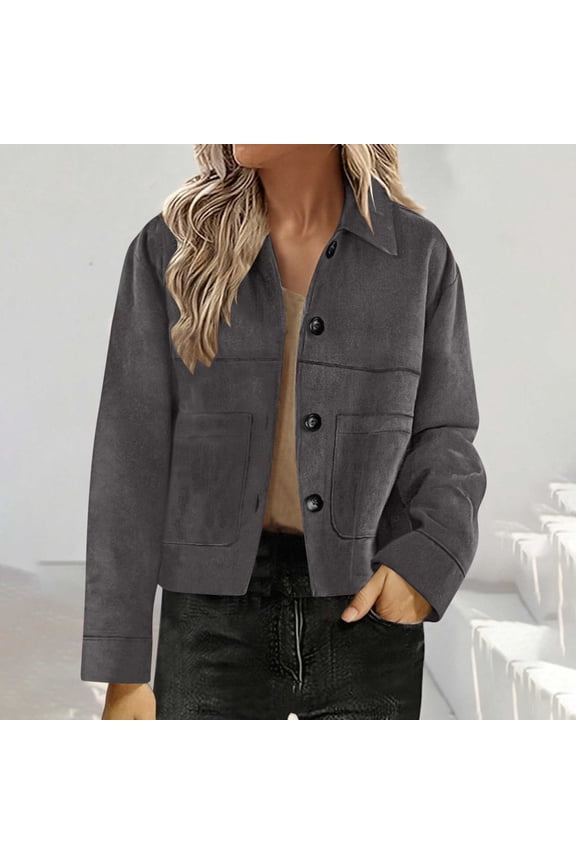Womens Trendy Jackets- Buttoned Fashion suede jacket Deerskin Velvet Casual Temperament Neck Short Coat with Pocket Dark Gray Size S