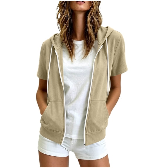 BXJX Womens Zip Up Hoodies, Drawstring Sports Spring Summer Short Sleeve Lightweight Tops with Pockets Khaki Size M