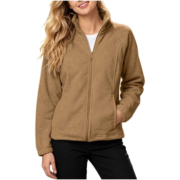BXJX Womens Zip up Sweatshirts, Casual Stand-up Collar Spring Fall Long Sleeve Sweatshirts with Pockets Khaki Size S