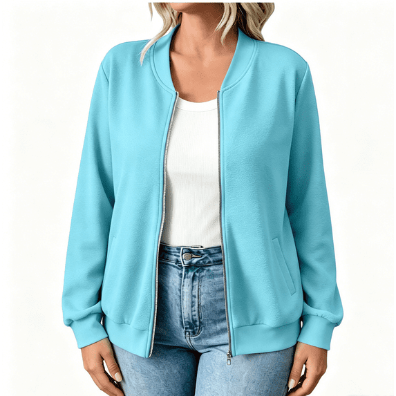BXJX Womens Zipper Sweatshirts, Long Sleeve Athletic Casual Spring Fall Bomber Jacket with Pockets Sky Blue Size M