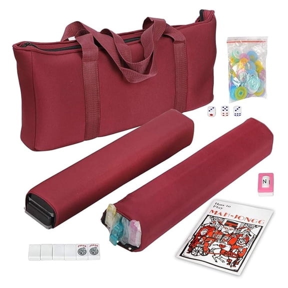 BXRC Mahjong Set 166 Tiles, 4 Colors All-in-One Rack/Pushers, Red Soft Bag and Accessories Classic Full Size Complete Mahjong Set
