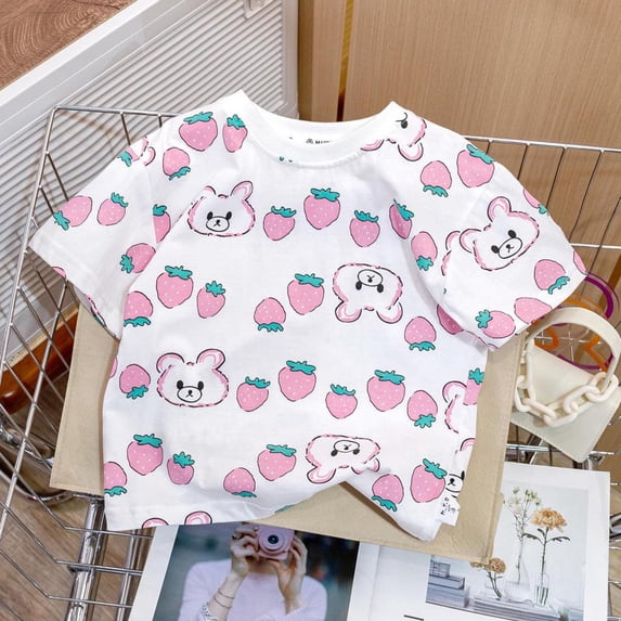 BXSRUTA Baby Girls and Toddler Short Sleeve T-Shirt Strawberry Bear Print Cool Silk Loose Fit Tee Top