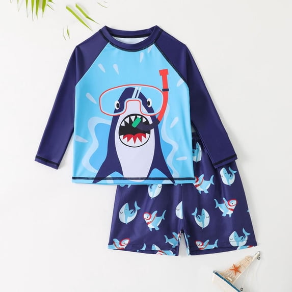 BXSRUTA Boys 4-8 Years Long Sleeve Rash Guard Swim Set with Shark Print Sun Protection 2 Piece