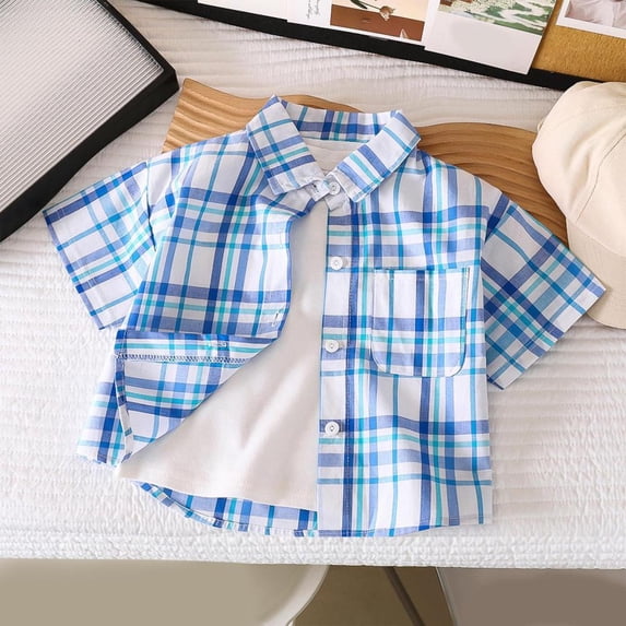 BXSRUTA Boys Casual Button Down Short Sleeve Shirt Cotton Blend Soft Checkered Plaid Top for Daily Party