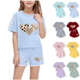 thumbnail image 1 of BXSRUTA Boys Girls Kids Summer 2 Piece Outfit Set Short Sleeve Tee Round Neck Top with Heart Print Shorts Casual Sportswear, 1 of 8