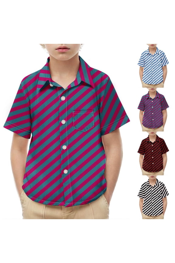 Boys Girls Toddler Kids Stripe Print Casual School Uniform Shirt Short Sleeve Cotton Blend