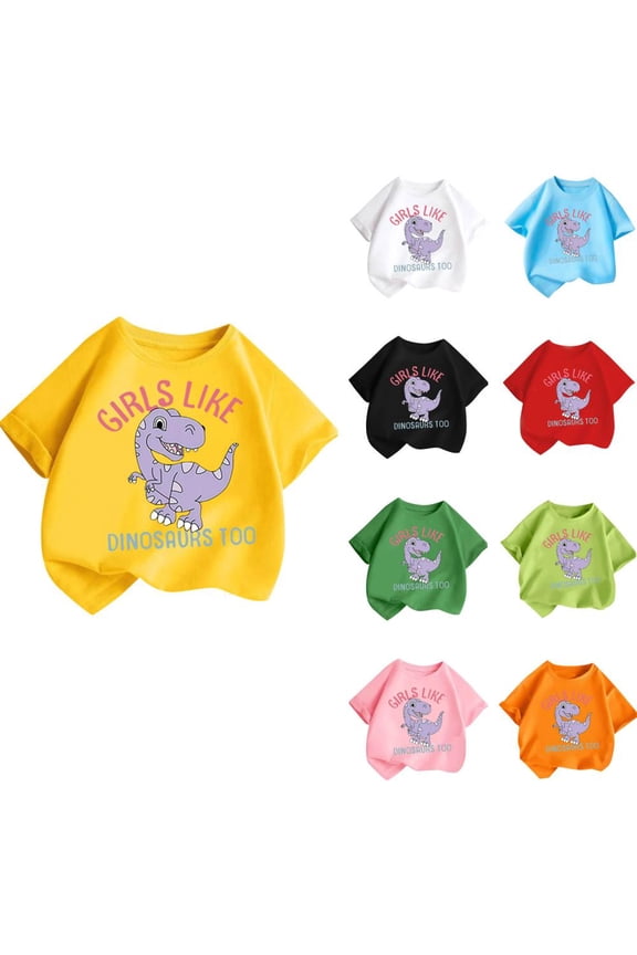 Boys and Girls Dinosaur Graphic Short Sleeve T-Shirt for Kids 2-14 Years Round Neck Soft Summer Tee