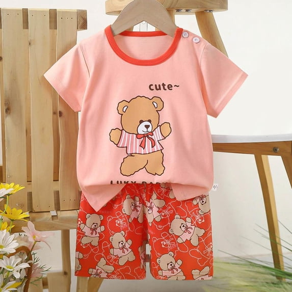 BXSRUTA Girls 2 Piece Outfit 100 Percent Cotton Breathable Short Sleeve Round Neck T-Shirt with Printed Shorts Set Sizes 6-9 Years